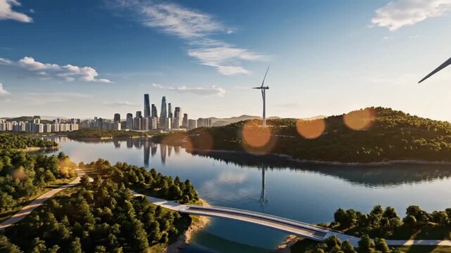 Futuristic eco-city aerial drone shot shows wind turbines solar panels lake and distant skyscrapers symbolizing green energy future and sustainable urban development with bright sunlight and clear sky
