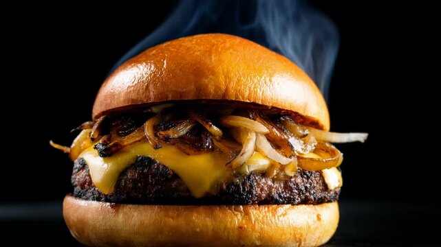 Juicy gourmet burger with melted cheese and caramelized onions, served hot with smoke rising