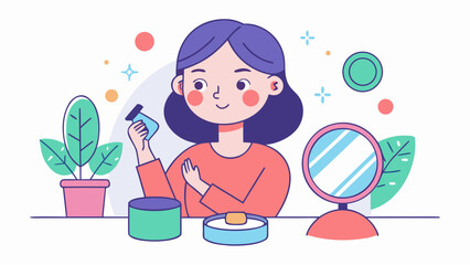 Fototapeta premium Flat illustration of tween girl applying skincare products with mirror and косметics on clean background