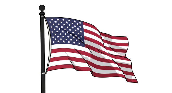 Waving American flag illustration with stars and stripes on a flagpole isolated on transparent background transparent background