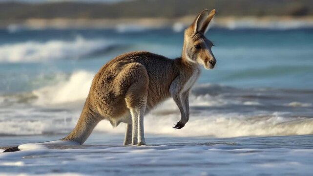 Wild kangaroo standing on a sandy beach with ocean waves in the background in australia 4k video