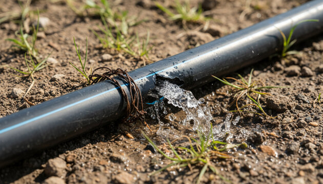 Damaged black irrigation pipe, water gushing onto dry soil. Critical leak in watering system needs urgent professional repair to prevent resource waste