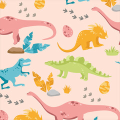 Kids dinosaur seamless pattern with colorful diplodocus and stegosaurus on peach background © AnnRozz