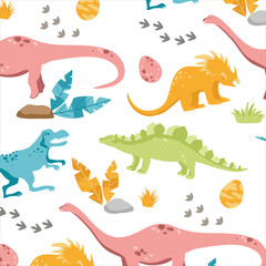 Cute cartoon dinosaur seamless pattern with exotic leaves and fossils on white background © AnnRozz