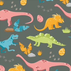 Seamless dinosaur pattern with cute stegosaurus and diplodocus on dark green background © AnnRozz