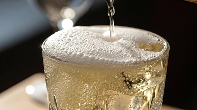 Refreshing Drink Preparation: Pouring Sparkling Beverage into Glass with Ice Cubes and Bubbles