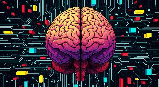 colorful brain on circuit board background