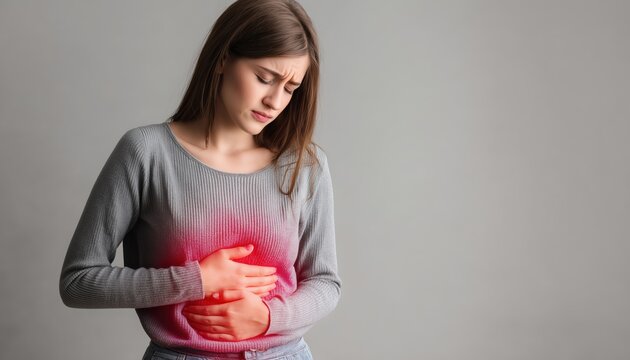 Young Woman Experiencing Liver Pain In A Bright Environment - A Study On The Effects Of Liver Pain In Young Women.