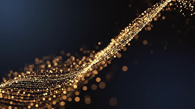 Flowing golden particle wave with glowing light trail representing digital data flow financial growth innovation technology and dynamic business movement concept
