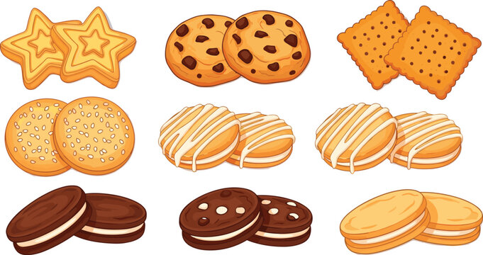 Assorted cookies and biscuits collection including chocolate sandwich crackers and glazed biscuits sweet bakery snack vector illustration set