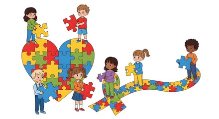 Obraz premium Diverse group of children playing with colorful puzzle pieces forming a heart and a snake on white background