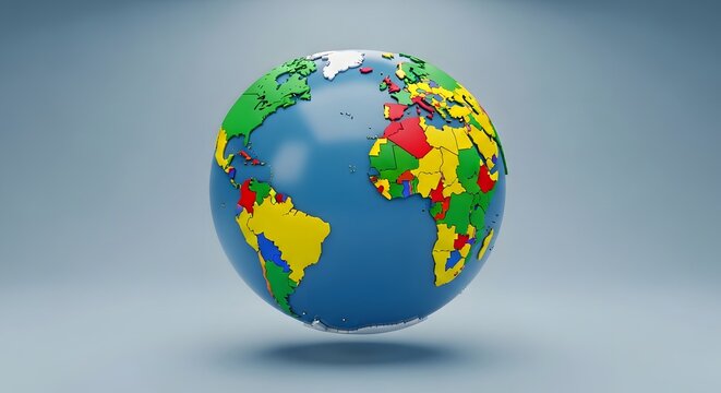 Colorful illustration of the world globe with vibrant continents on a grey background