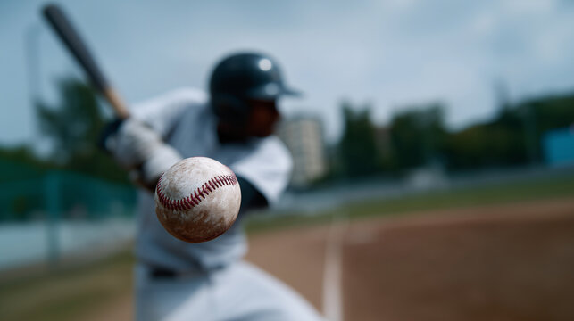 Extreme close-up sports scene of a baseball meeting a bat, ball suspended in motion near the barrel, blurred batter in helmet visible behind, outdoor baseball diamond atmosphere, s
