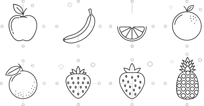 Fruit line icons vector illustration set with apple, banana, orange, strawberry and pineapple, minimal outline food symbols collection design