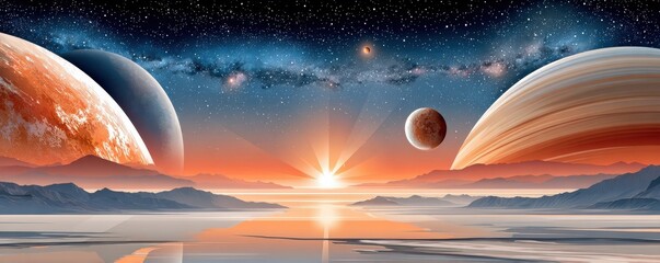 Fototapeta premium Alien sunrise over a mirrored lake with multiple planets and a star-filled galaxy sky