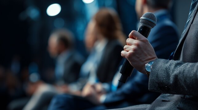 People sitting on a stage during a conference while someone is holding a microphone and preparing to speak