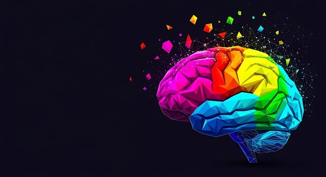 Vibrant rainbow colored brain with exploding creative particles