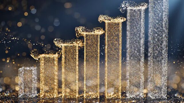 Glowing gold and silver bar chart rising with sparkling particles representing financial growth business success data analytics economic progress and investment performance concept