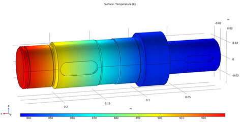 Computer 3d modeling of steel worm shaft of electrical reducer. Drawing of mechanical part. Technology diagram of machine building industry. Temperature distribution cad analysis. © TKalinovskaya