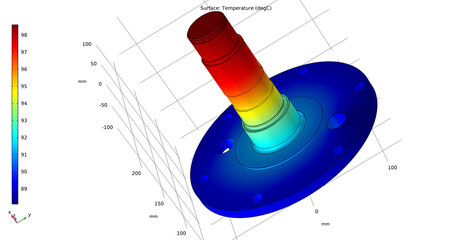 Computer 3d modeling of steel worm shaft with round cover of electrical reducer. Drawing of mechanical part. Technology diagram of machine building industry. Temperature distribution cad analysis. © TKalinovskaya