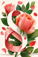 Naklejka premium Elegant number 8 ribbon with pink roses and green leaves for celebration and romance
