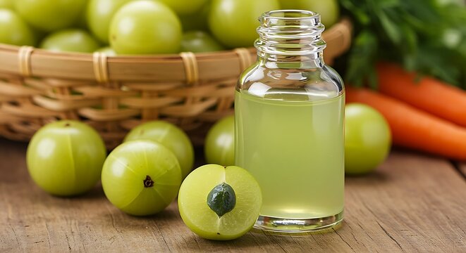 Fresh green grapefruit essential oil with whole fruit and vegetables on wooden surface