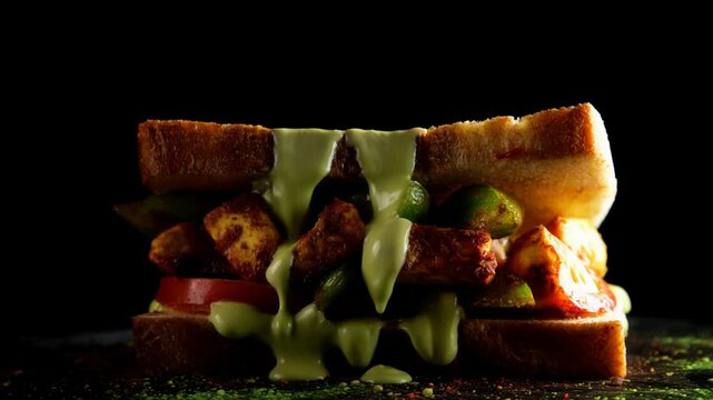 Delicious paneer tikka sandwich with green chutney and spices, captured in motion