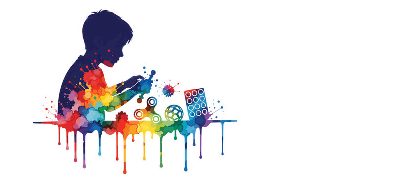 Autistic child playing with sensory toys silhouette. Colorful watercolor splash vector illustration. Neurodiversity and autism awareness concept isolated on transparent background