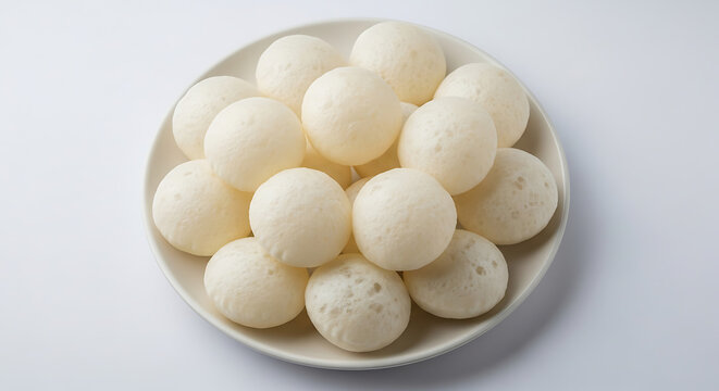 Circular arrangement of soft steamed South Indian Idlis on a white plate. Healthy fermented rice and lentil cakes, traditional vegetarian breakfast staple from India isolated on white.
