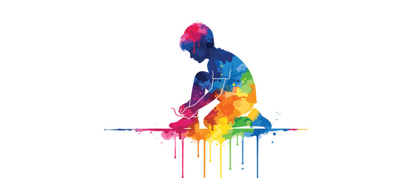 Dyspraxia and motor skills concept. Colorful watercolor silhouette of a child tying shoelaces. Vector illustration isolated on transparent background