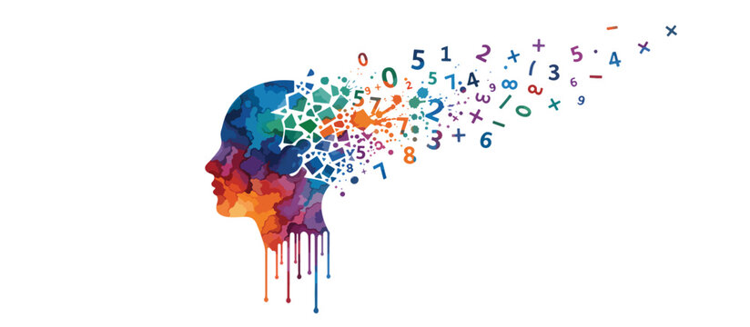 Dyscalculia and math anxiety concept. Colorful watercolor silhouette of a head with floating numbers. Vector illustration isolated on transparent background