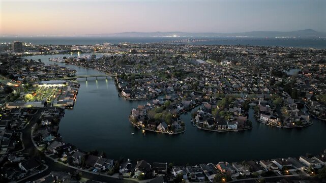 Foster City CA - Aerial View of Waterfront Homes and Canals at Blue Hour Facing NorthEast 