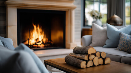 Naklejka premium Comfort-filled living room interior with a classic fireplace and carefully stacked logs, warm home atmosphere, cozy lifestyle concept, interior design, with copy space
