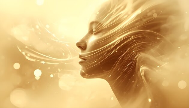 A serene woman with a glowing aura and ethereal lines flowing around her face in a peaceful golden light