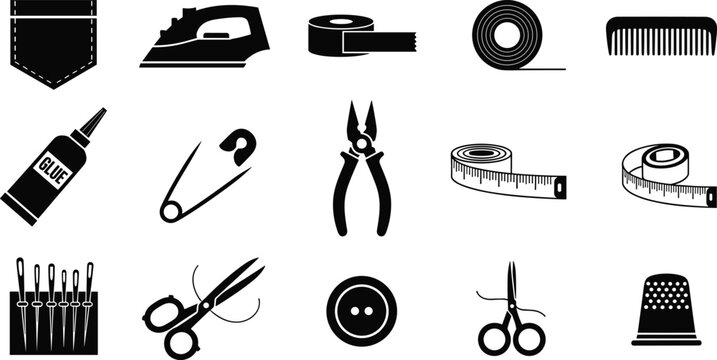 Vector illustration set of sewing and tailoring tools featuring scissors, needles, tape, thread, iron, thimble, and garment accessories.