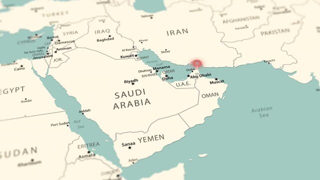 Smooth flyby of the Middle East on a detailed political map of the world. The Strait of Hormuz is a global oil and energy supply route in the Persian Gulf.