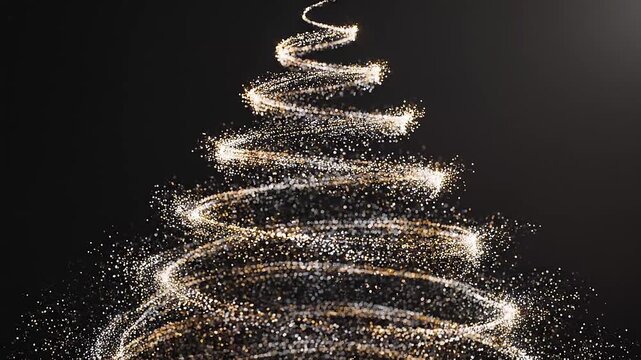 Glowing Golden Spiral Christmas Tree Made of Sparkling Particles on Dark Background Festive Holiday Decoration Concept