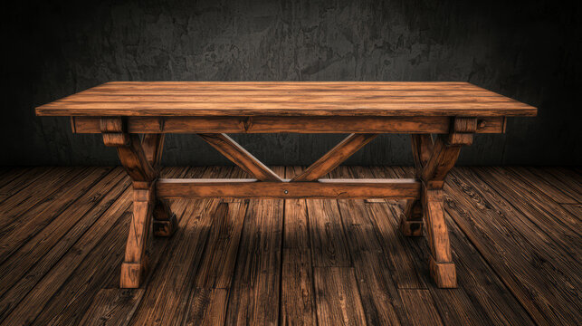A rustic wooden table stands proudly in a room, featu a dark textured backdrop and a matching wooden floor that complements the table's warm tone so well.