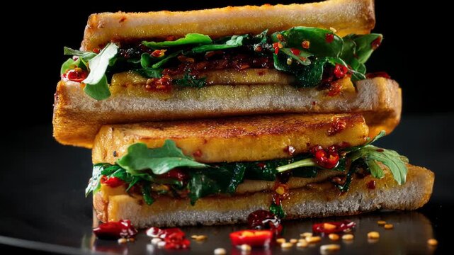 Deliciously stacked spicy tofu sandwich with fresh greens and chili flakes