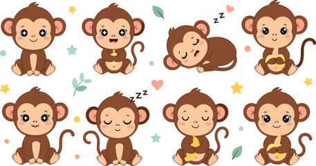 Cute baby monkey cartoon character set with different poses sleeping, eating banana, smiling and sitting, adorable animal vector illustration collection © Jahangir