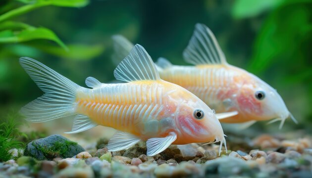 Stunning Albino Bronze Corydoras Aeneus Freshwater Fish In Aquarium: High-Quality Image Showcase The Beauty Of This Unique Aquatic Species.