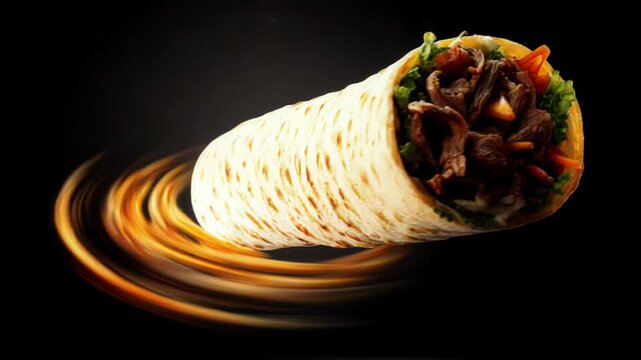 Delicious shawarma wrap with tender meat and fresh vegetables, presented dynamically