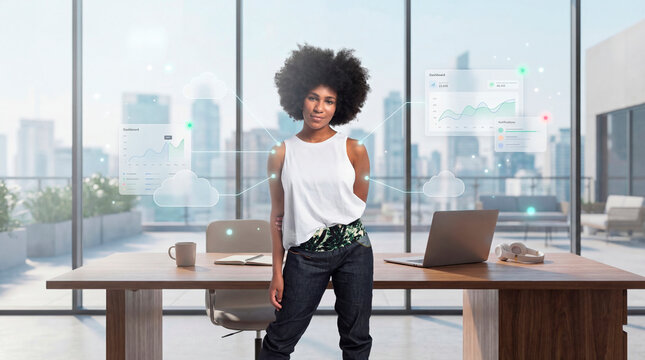 Perceptive woman with afro connected to cloud data network in contemporary workspace