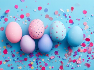 Naklejka premium Colorful Eggs on a Blue Background With Colorful Confetti Scattered Around