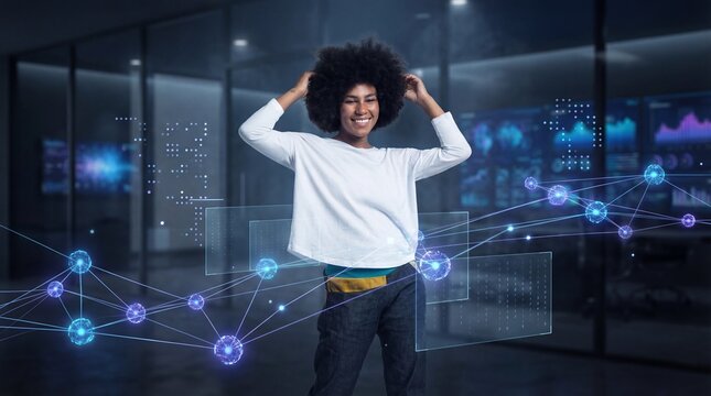 Dynamic woman with afro interacting with connected data nodes in immersive tech environment