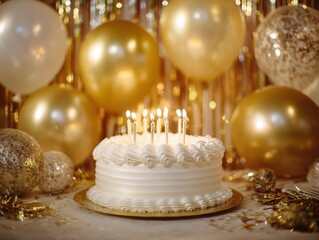 Naklejka premium Celebration With Cake, Balloons, and Lights During a Birthday Party in a Festive Setting