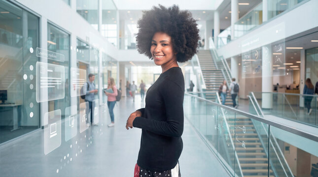 Astute woman with afro navigating immersive learning interface in modern academic atrium