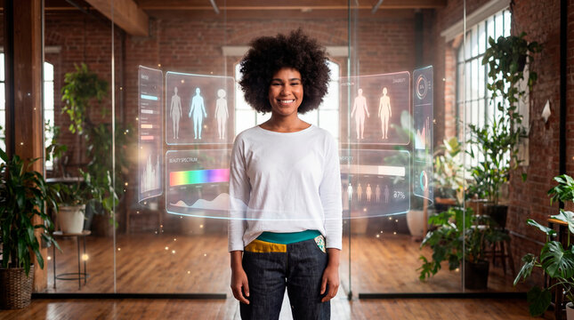 Inclusive woman with afro interacting with diversity analytics interface in creative workspace