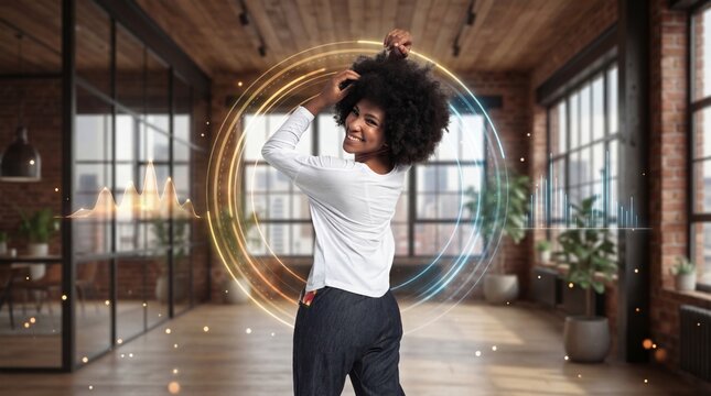 Playful woman with afro interacting with circular data interface and dynamic analytics waves