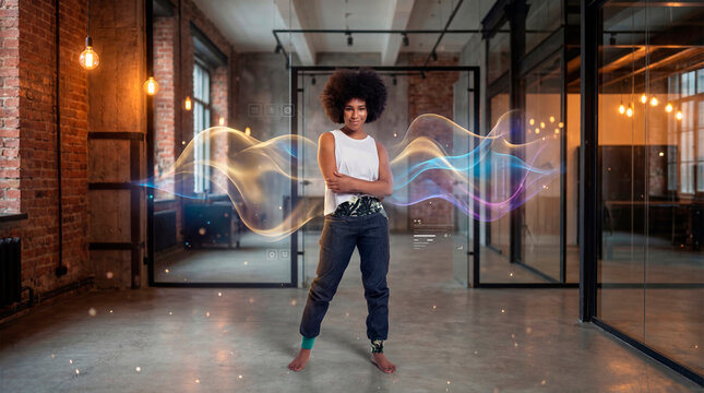 Bold woman without afro engaging with flowing data stream interface in industrial workspace